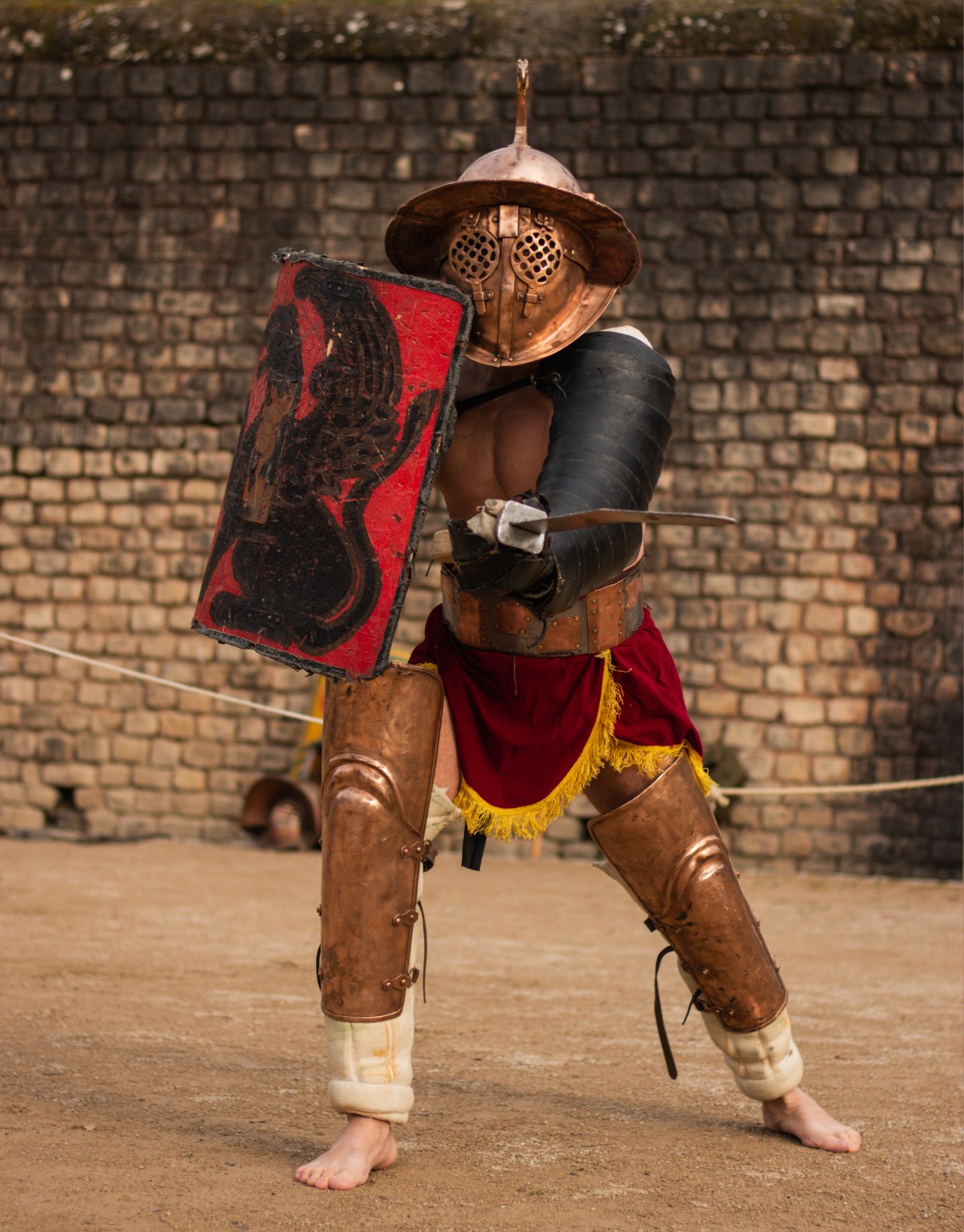 Pardus in bronze armor with red shield in a Roman gladiator fighting stance